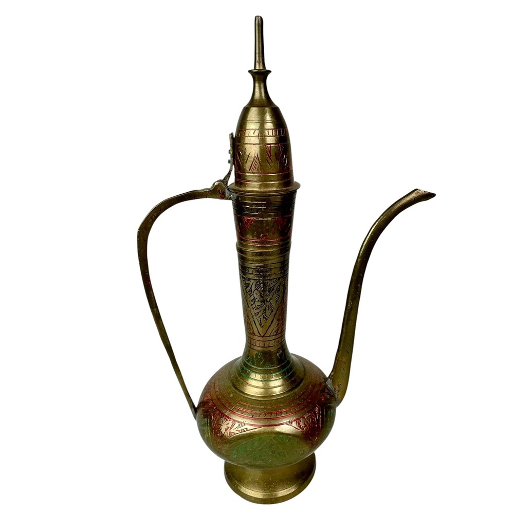 Vintage Etched Brass Aftaba Teapot Enameled Middle Eastern Pitcher 10.5 Inch